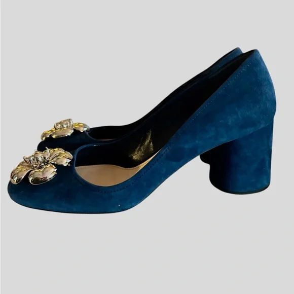 Prada Women's Blue Suede Block Heels with Silver Floral Accent 6.5 - Picture 6 of 6